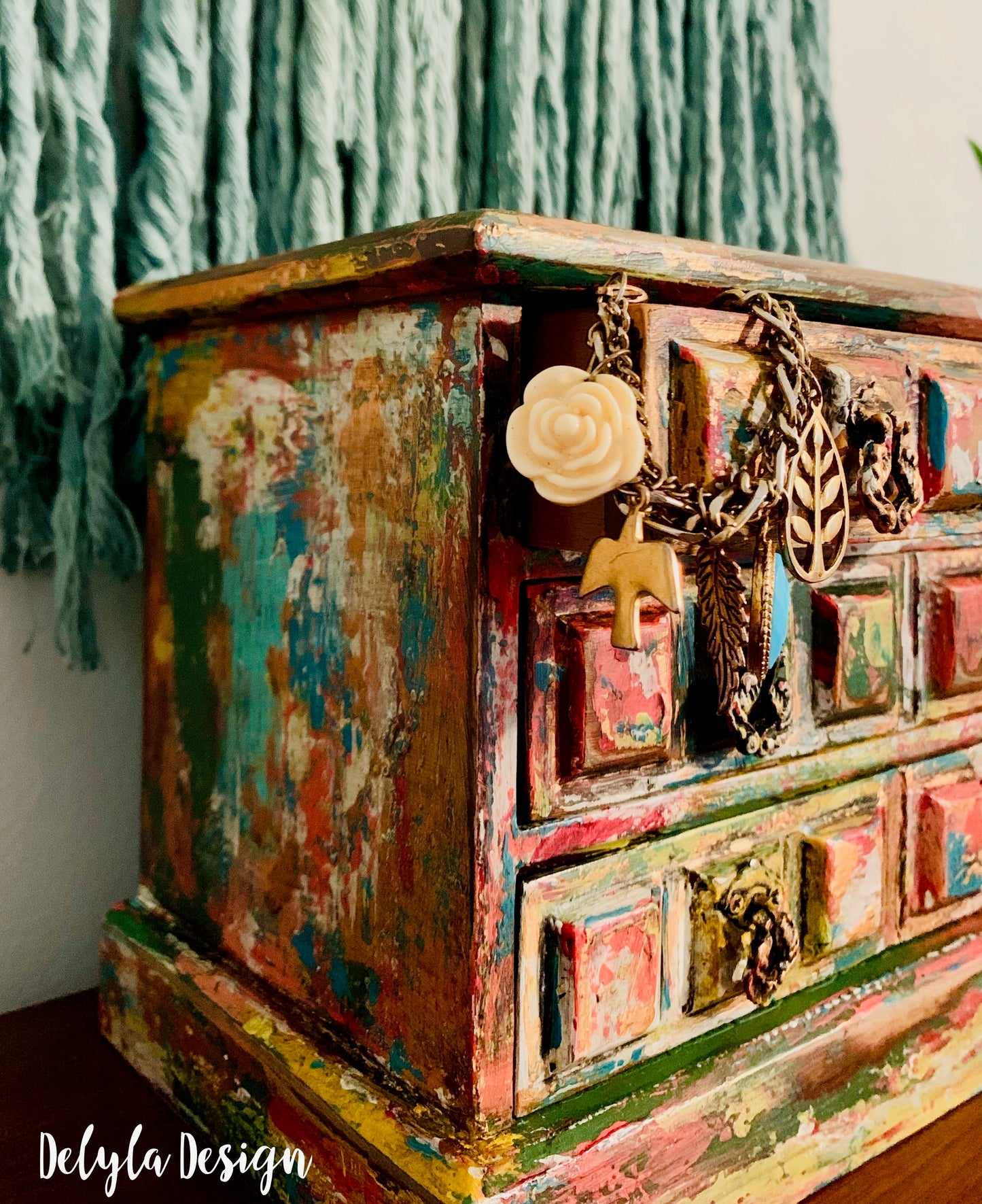 cat redmond art – vintage boho layered jewelry box | original artistic multi-layered keepsake | hand-painted boho-inspired jewelry organizer | modern creative decorative box