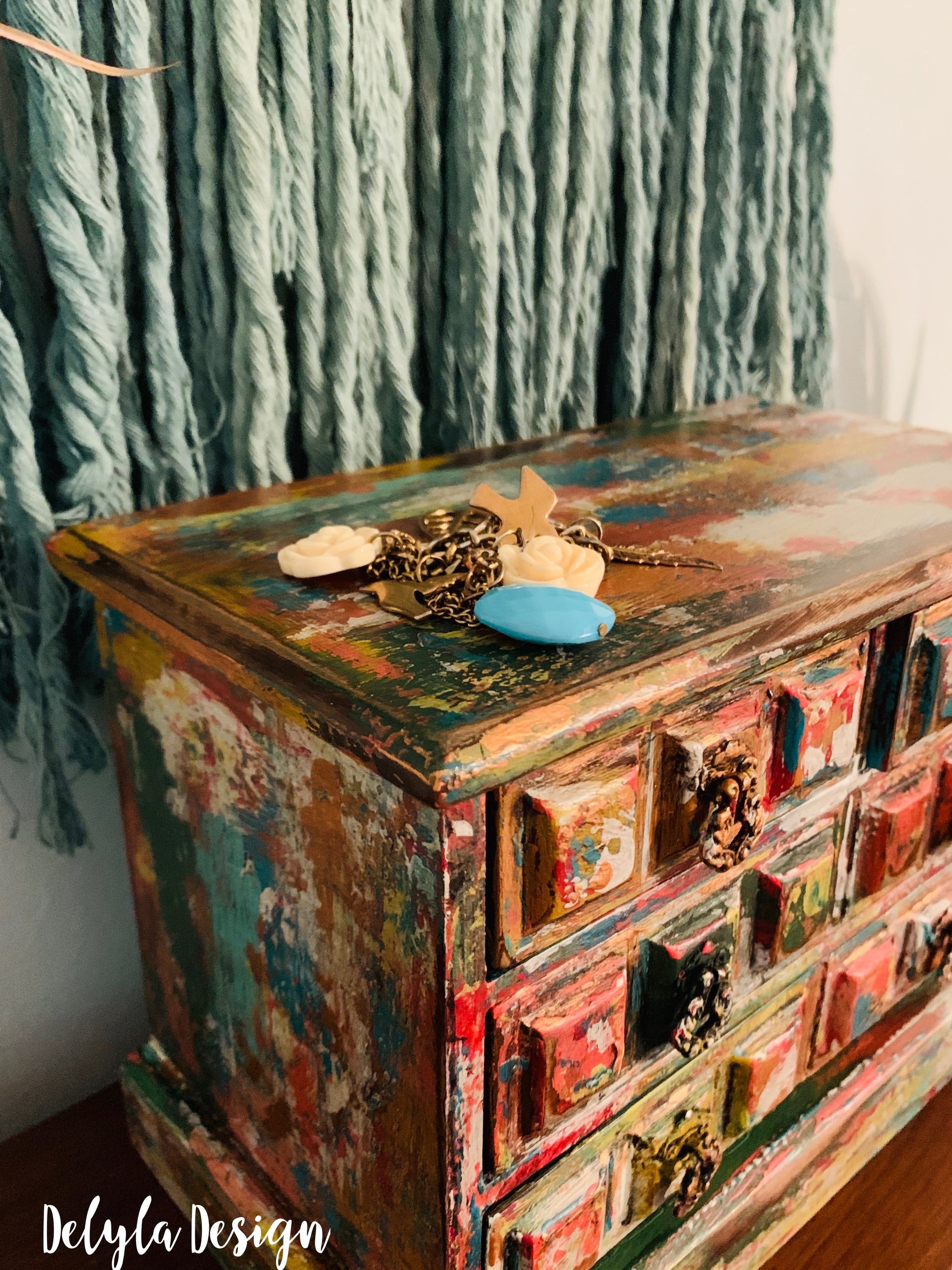 Cat Redmond Art – Vintage Boho Layered Jewelry Box | original artistic multi-layered keepsake | hand-painted boho-inspired jewelry organizer | modern creative decorative box