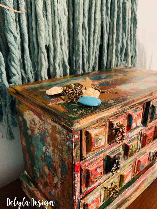 Cat Redmond Art – Vintage Boho Layered Jewelry Box | original artistic multi-layered keepsake | hand-painted boho-inspired jewelry organizer | modern creative decorative box