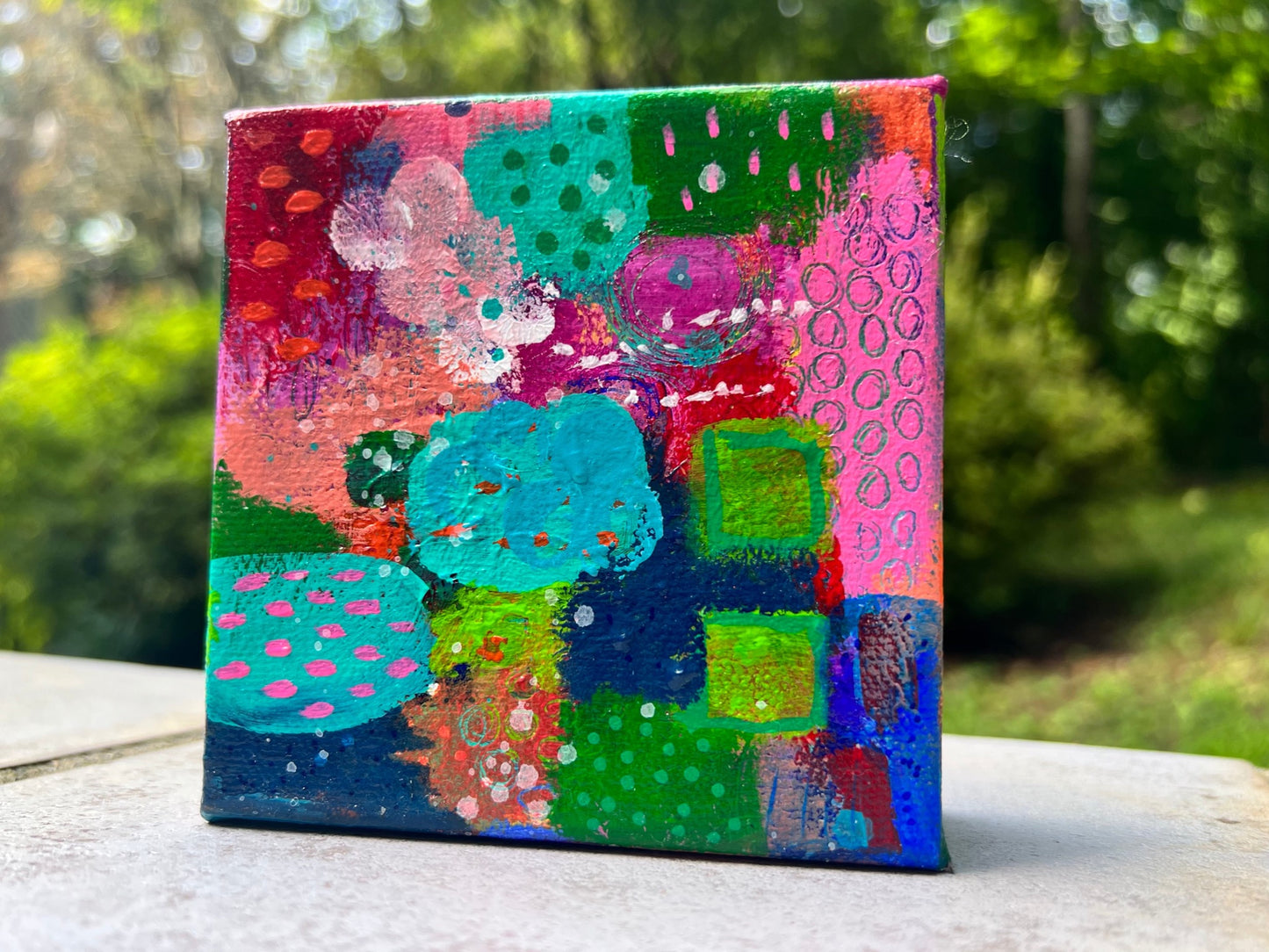 cat redmond art saturday morning farmers market | original lively market scene artwork | hand-painted outdoor vendor abstract art | modern bustling farmers market painting | exclusive contemporary community-inspired art