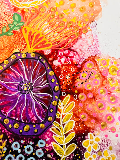 Cat Redmond Art Among the Flowers | original floral-inspired artwork | hand-painted botanical abstract art | modern flower-themed wall composition | exclusive contemporary floral painting