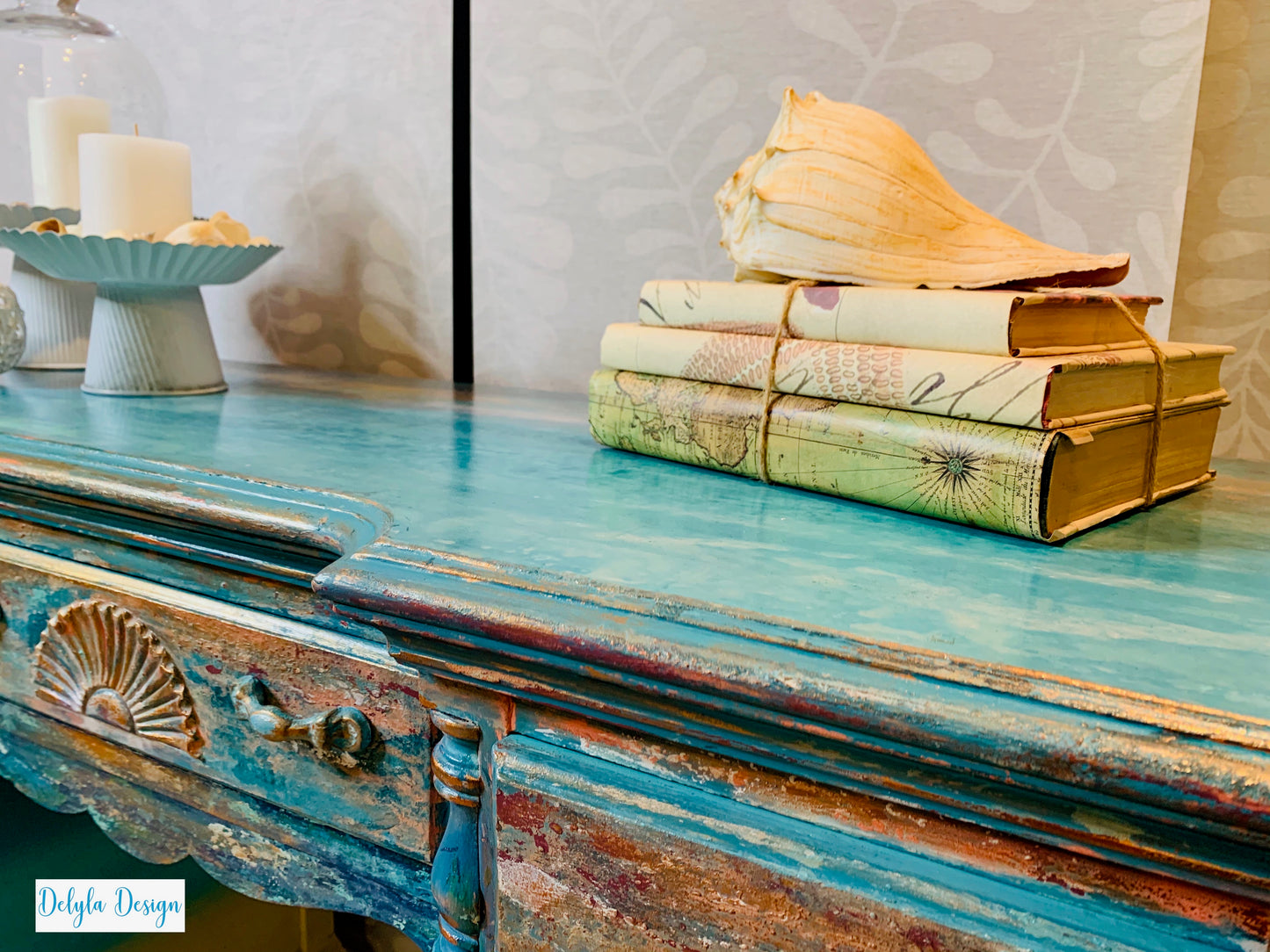 cat redmond art – coastal ocean vanity/desk | original beach-inspired painted furniture | modern coastal aesthetic desk | hand-painted ocean-themed statement piece