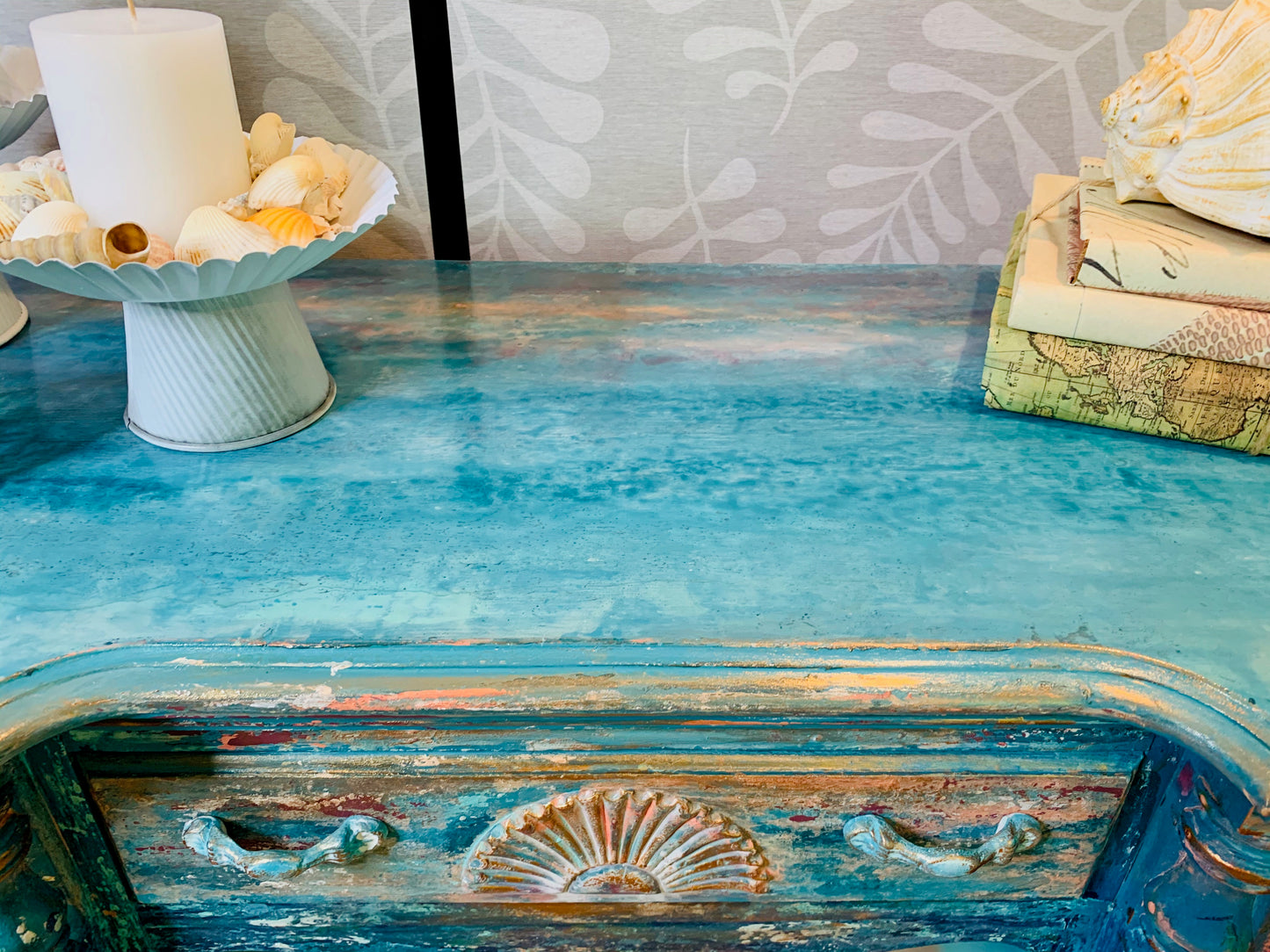 cat redmond art – coastal ocean vanity/desk | original beach-inspired painted furniture | modern coastal aesthetic desk | hand-painted ocean-themed statement piece
