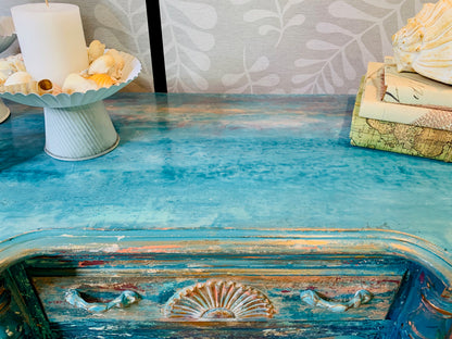 Cat Redmond Art – Coastal Ocean Vanity/Desk | original beach-inspired painted furniture | modern coastal aesthetic desk | hand-painted ocean-themed statement piece