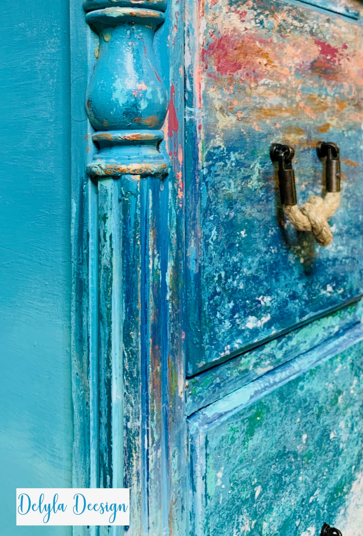 cat redmond art – coastal ocean vanity/desk | original beach-inspired painted furniture | modern coastal aesthetic desk | hand-painted ocean-themed statement piece