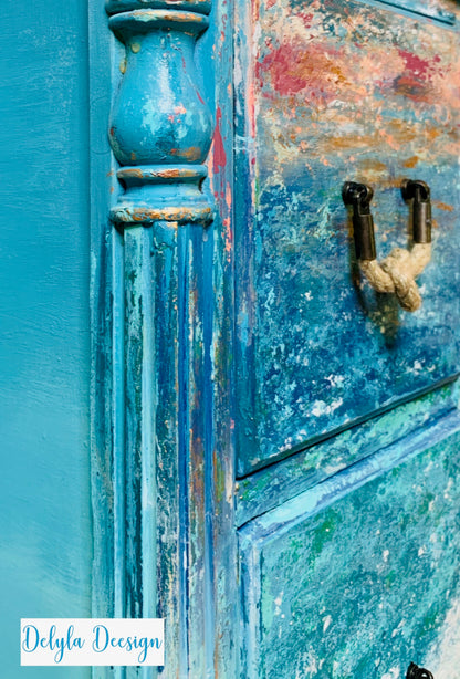 Cat Redmond Art – Coastal Ocean Vanity/Desk | original beach-inspired painted furniture | modern coastal aesthetic desk | hand-painted ocean-themed statement piece