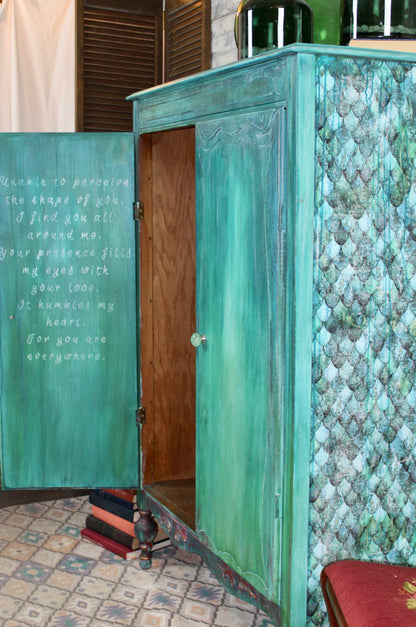 Cat Redmond Art – Boho Vibe Layered Armoire | original bohemian-inspired painted wardrobe | modern artistic layered storage furniture | hand-painted statement closet piece