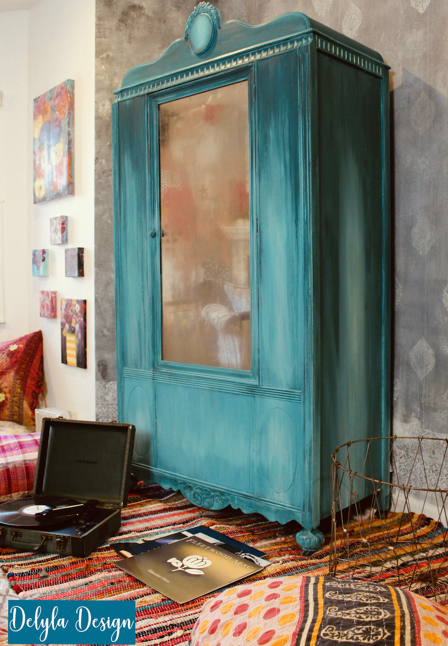 boho vibe turquoise wardrobe by cat redmond art | unique hand-crafted boho-style armoire | artistic multi-shade turquoise closet | exclusive decorative storage solution