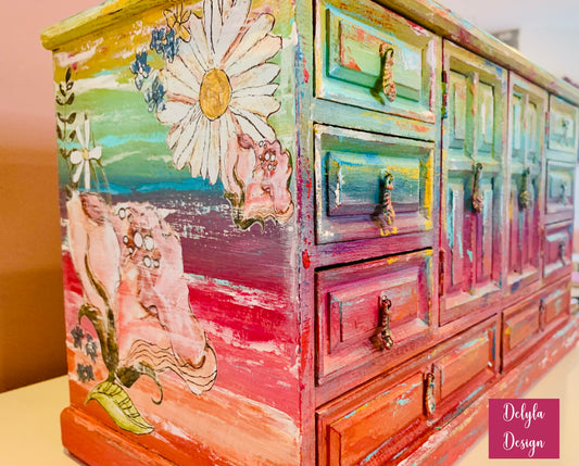 Cat Redmond Art – Vintage Multi-Colored Boho Jewelry Box | original decorative boho-inspired box | hand-painted stylish colorful jewelry organizer | modern artistic statement keepsake