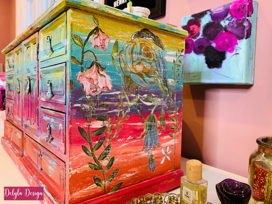 Cat Redmond Art – Vintage Multi-Colored Boho Jewelry Box | original decorative boho-inspired box | hand-painted stylish colorful jewelry organizer | modern artistic statement keepsake