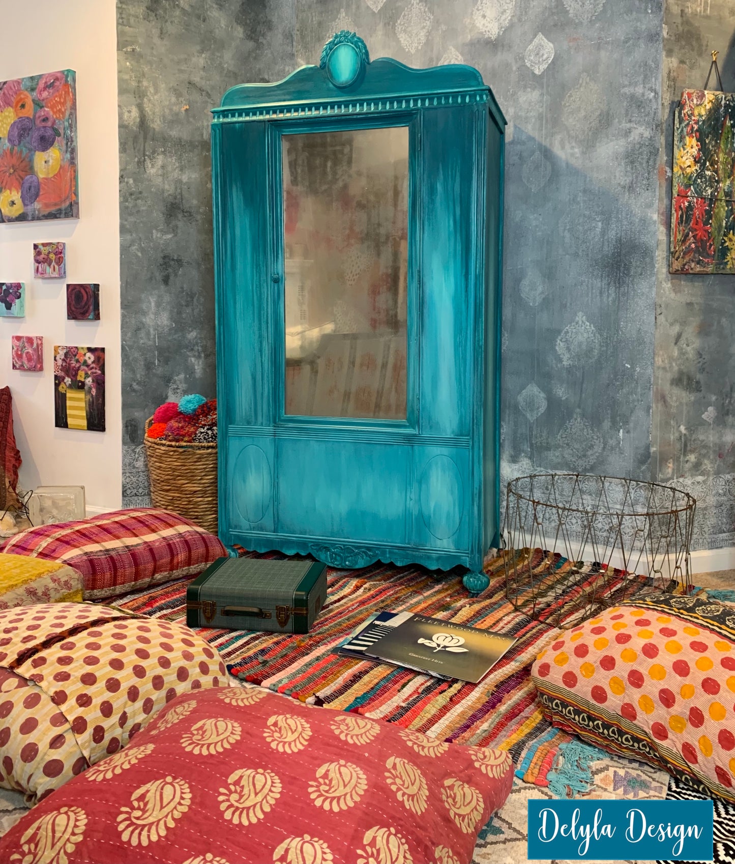 boho vibe turquoise wardrobe by cat redmond art | unique hand-crafted boho-style armoire | artistic multi-shade turquoise closet | exclusive decorative storage solution