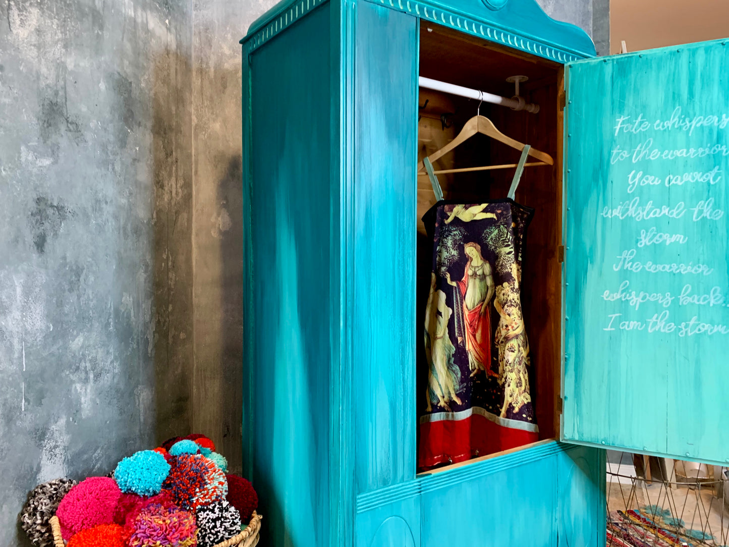 boho vibe turquoise wardrobe by cat redmond art | unique hand-crafted boho-style armoire | artistic multi-shade turquoise closet | exclusive decorative storage solution