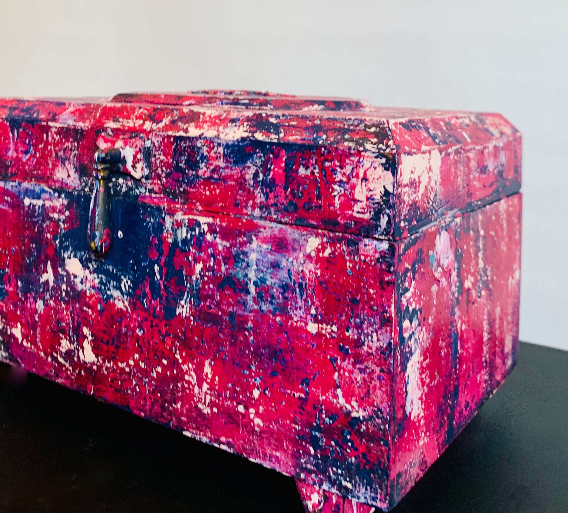 Boho Pink Red and Blue Jewelry Box by Cat Redmond Art | unique hand-painted jewelry container | artistic bohemian storage solution | exclusive colorful jewelry keepsake