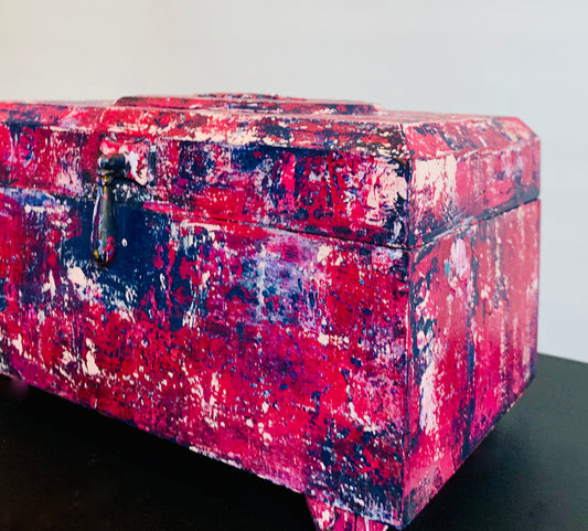 Boho Pink Red and Blue Jewelry Box by Cat Redmond Art | unique hand-painted jewelry container | artistic bohemian storage solution | exclusive colorful jewelry keepsake
