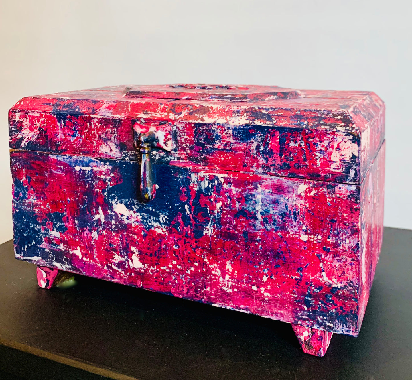 boho pink red and blue jewelry box by cat redmond art | unique hand-painted jewelry container | artistic bohemian storage solution | exclusive colorful jewelry keepsake
