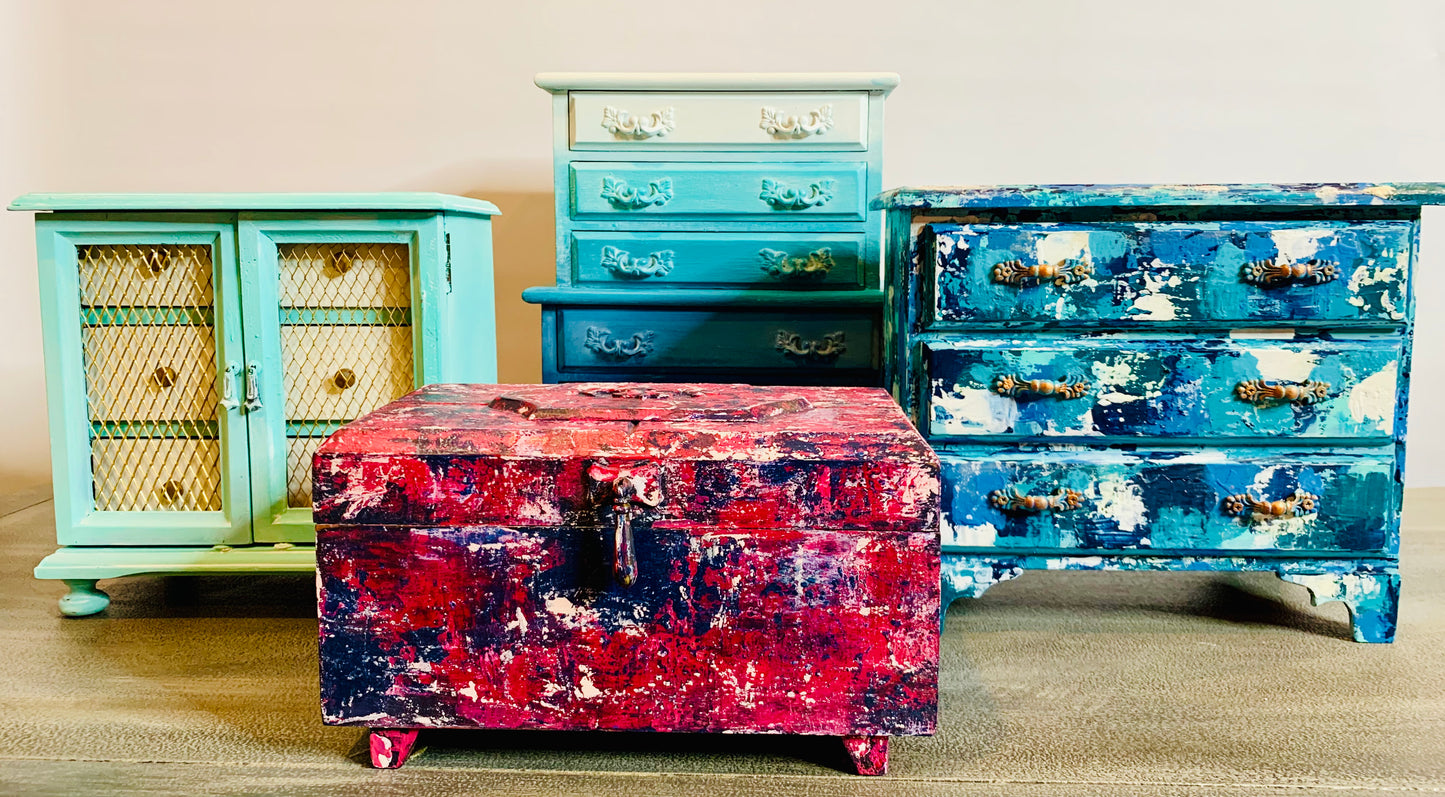 boho pink red and blue jewelry box by cat redmond art | unique hand-painted jewelry container | artistic bohemian storage solution | exclusive colorful jewelry keepsake