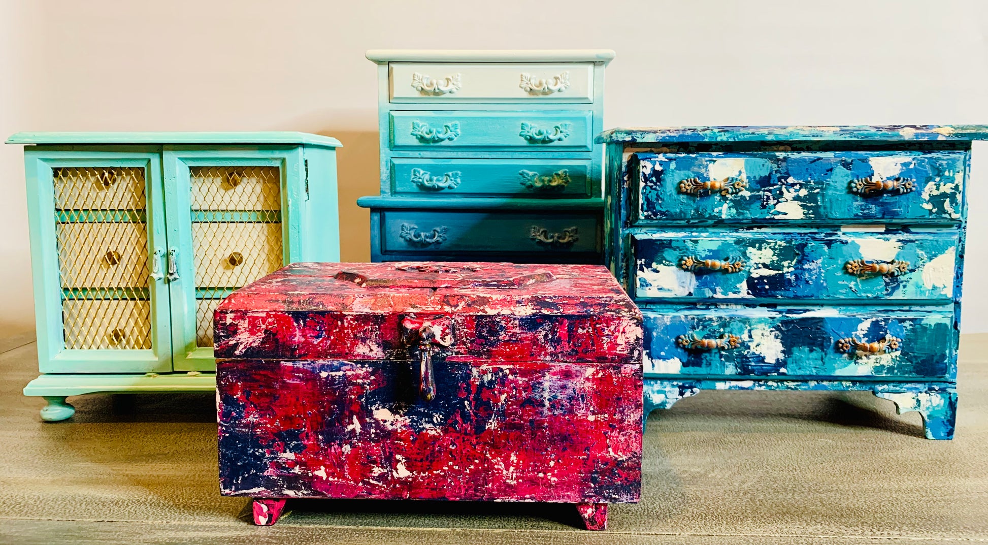 Boho Pink Red and Blue Jewelry Box by Cat Redmond Art | unique hand-painted jewelry container | artistic bohemian storage solution | exclusive colorful jewelry keepsake