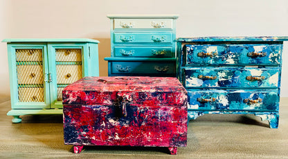 Boho Pink Red and Blue Jewelry Box by Cat Redmond Art | unique hand-painted jewelry container | artistic bohemian storage solution | exclusive colorful jewelry keepsake