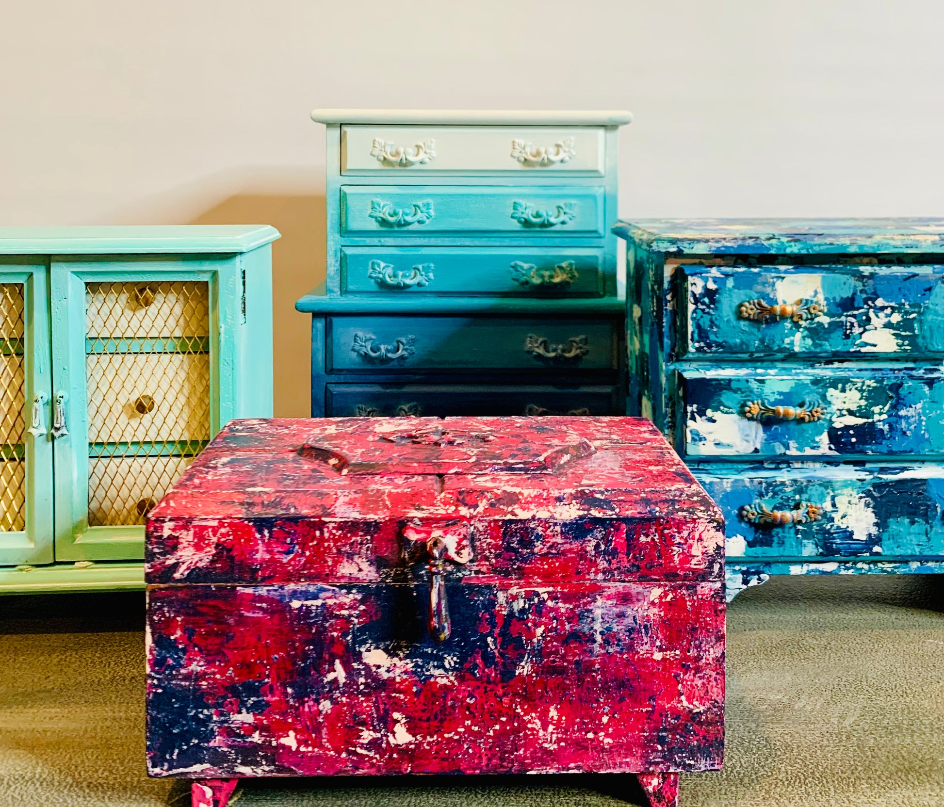 Shades of Blue Ombre’ Vintage Jewelry Box by Cat Redmond Art | unique handcrafted ombre jewelry container | artistic vintage storage solution | exclusive stylish jewelry organizer
