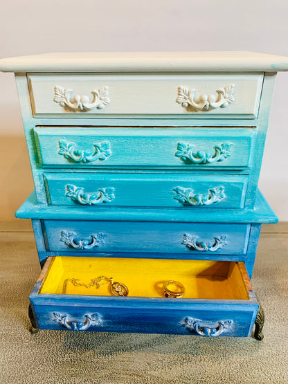 Shades of Blue Ombre’ Vintage Jewelry Box by Cat Redmond Art | unique handcrafted ombre jewelry container | artistic vintage storage solution | exclusive stylish jewelry organizer