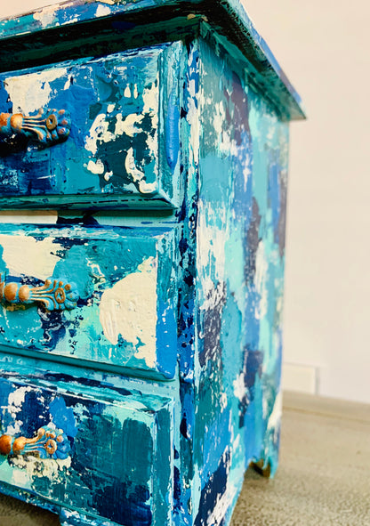 Cat Redmond Art – Blue Boho Patchwork Jewelry Box | original decorative patchwork jewelry box | hand-painted stylish boho jewelry organizer | modern artistic statement keepsake