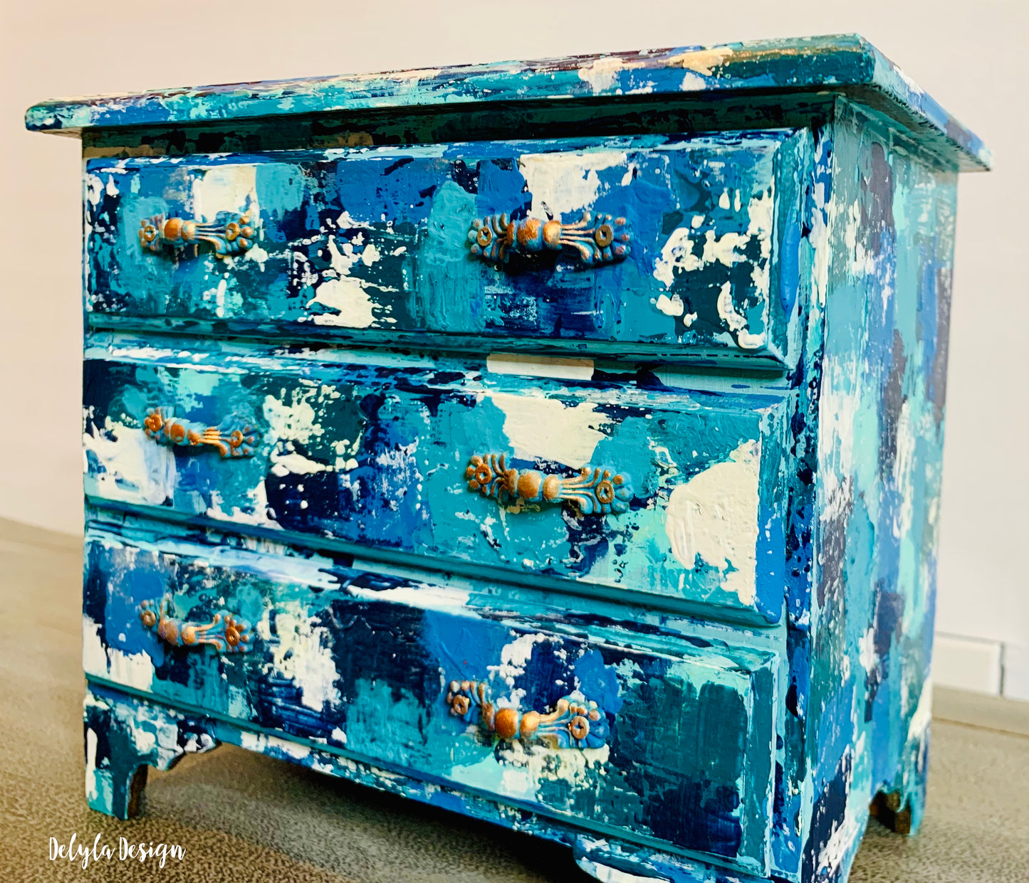 cat redmond art – blue boho patchwork jewelry box | original decorative patchwork jewelry box | hand-painted stylish boho jewelry organizer | modern artistic statement keepsake