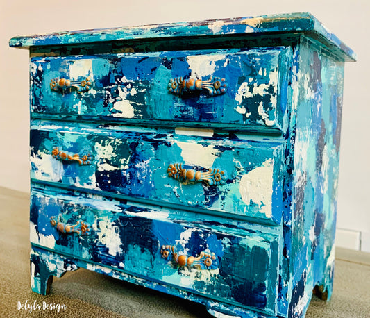 Cat Redmond Art – Blue Boho Patchwork Jewelry Box | original decorative patchwork jewelry box | hand-painted stylish boho jewelry organizer | modern artistic statement keepsake