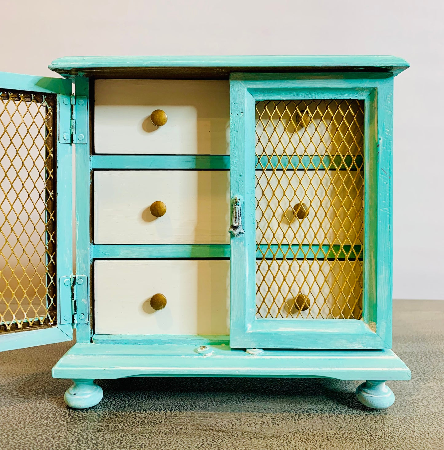 cat redmond art teal white and gold jewelry box | hand-painted elegant jewelry storage | original artistic keepsake box | modern luxurious decorative box