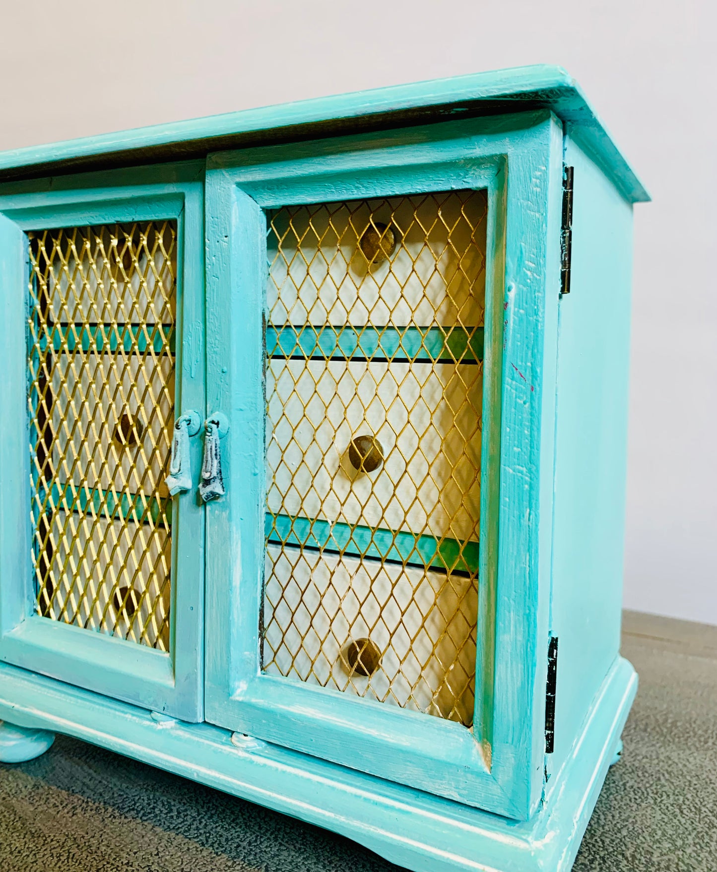 cat redmond art teal white and gold jewelry box | hand-painted elegant jewelry storage | original artistic keepsake box | modern luxurious decorative box