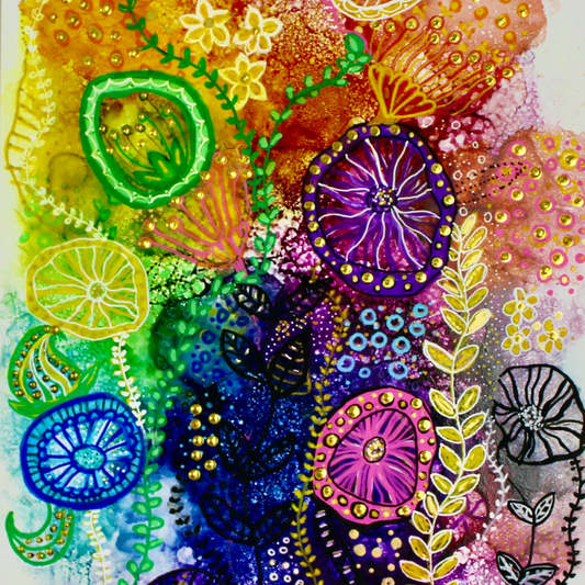 Cat Redmond Art Among the Flowers | original floral-inspired artwork | hand-painted botanical abstract art | modern flower-themed wall composition | exclusive contemporary floral painting