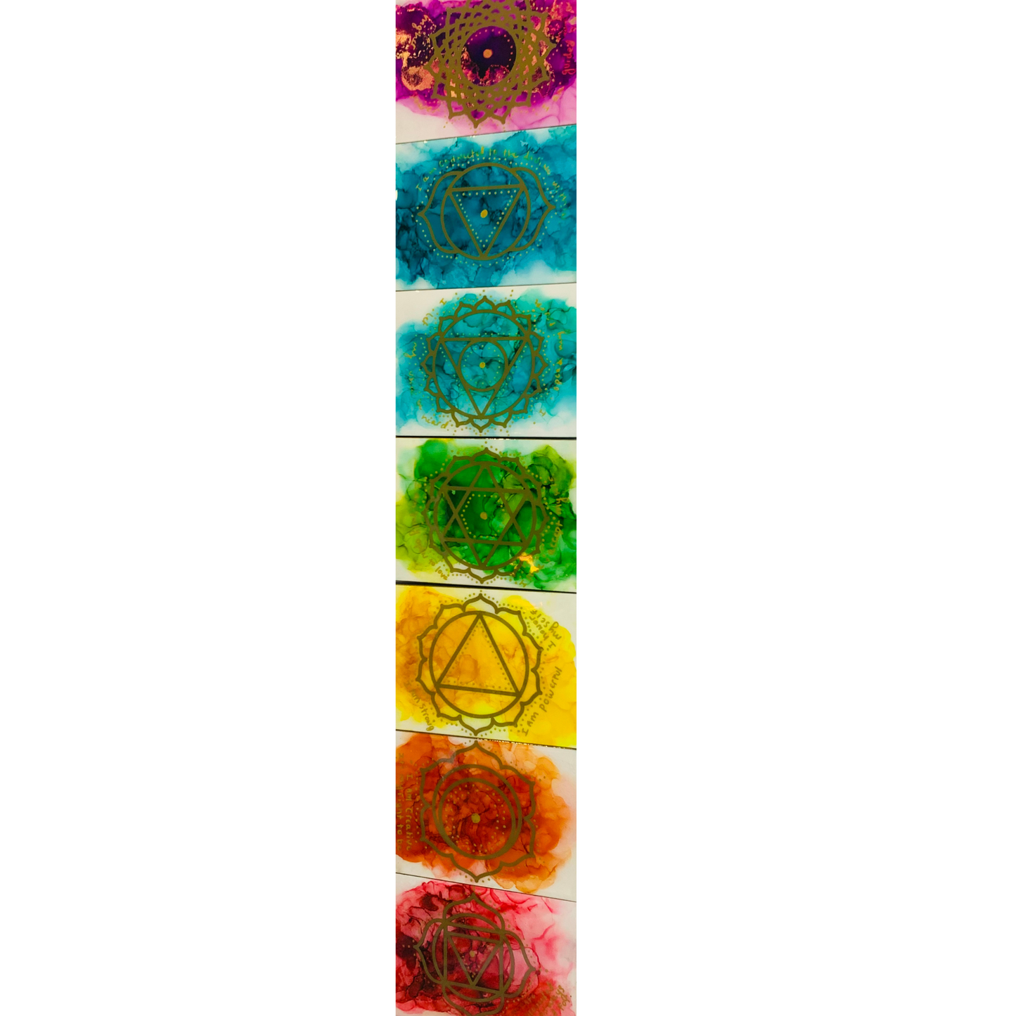 cat redmond art chakra set | original alcohol ink chakra artwork | hand-painted spiritual energy abstract art | modern colorful chakra painting | exclusive contemporary energy-inspired ink art