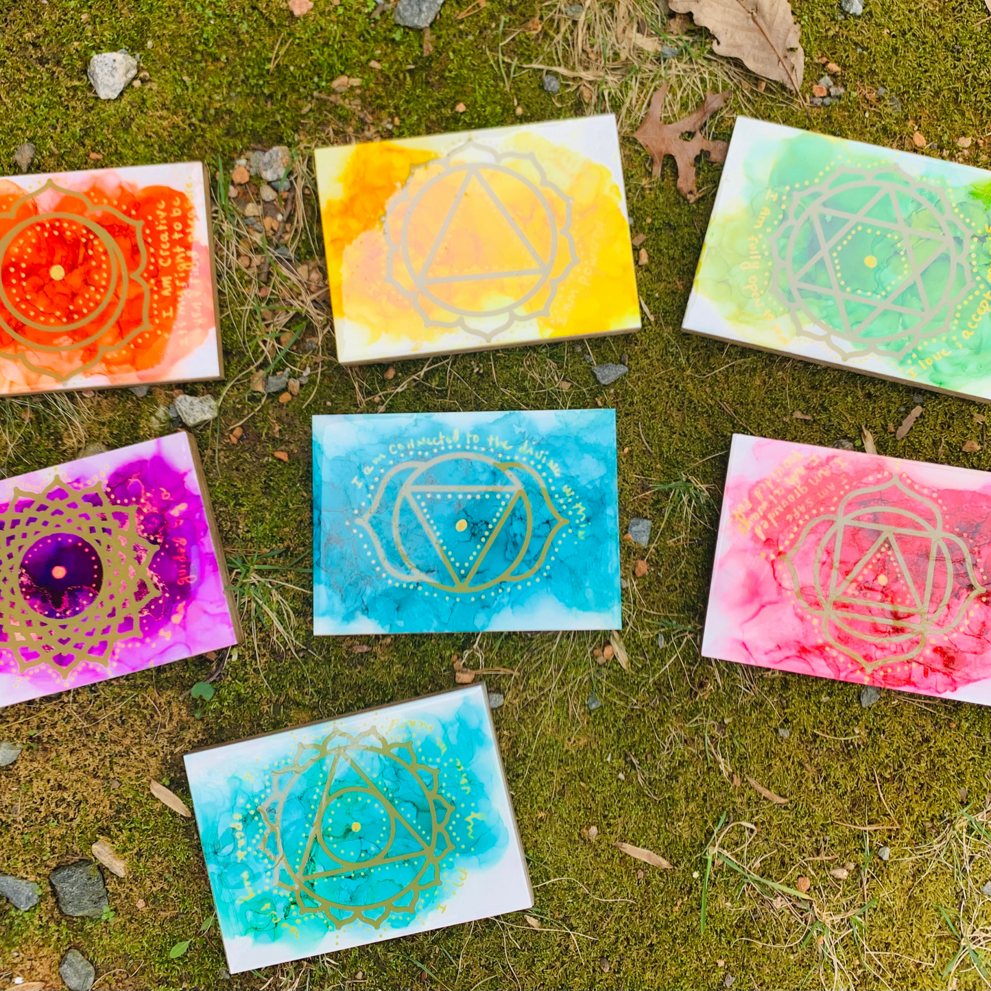 cat redmond art chakra set | original alcohol ink chakra artwork | hand-painted spiritual energy abstract art | modern colorful chakra painting | exclusive contemporary energy-inspired ink art