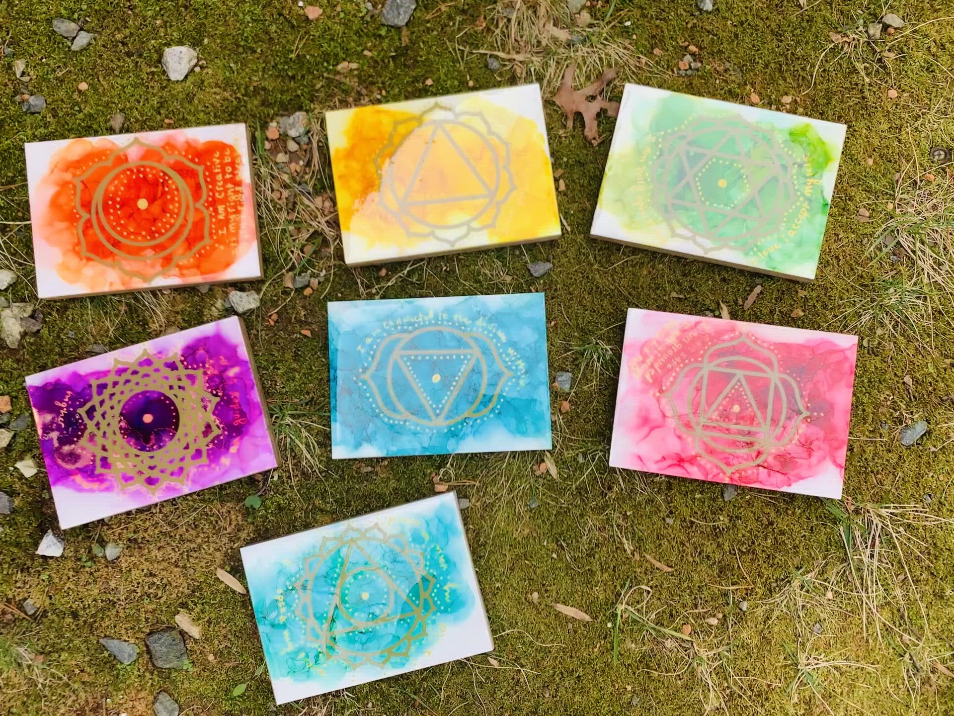 Cat Redmond Art Chakra Set | original alcohol ink chakra artwork | hand-painted spiritual energy abstract art | modern colorful chakra painting | exclusive contemporary energy-inspired ink art