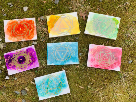 Cat Redmond Art Chakra Set | original alcohol ink chakra artwork | hand-painted spiritual energy abstract art | modern colorful chakra painting | exclusive contemporary energy-inspired ink art