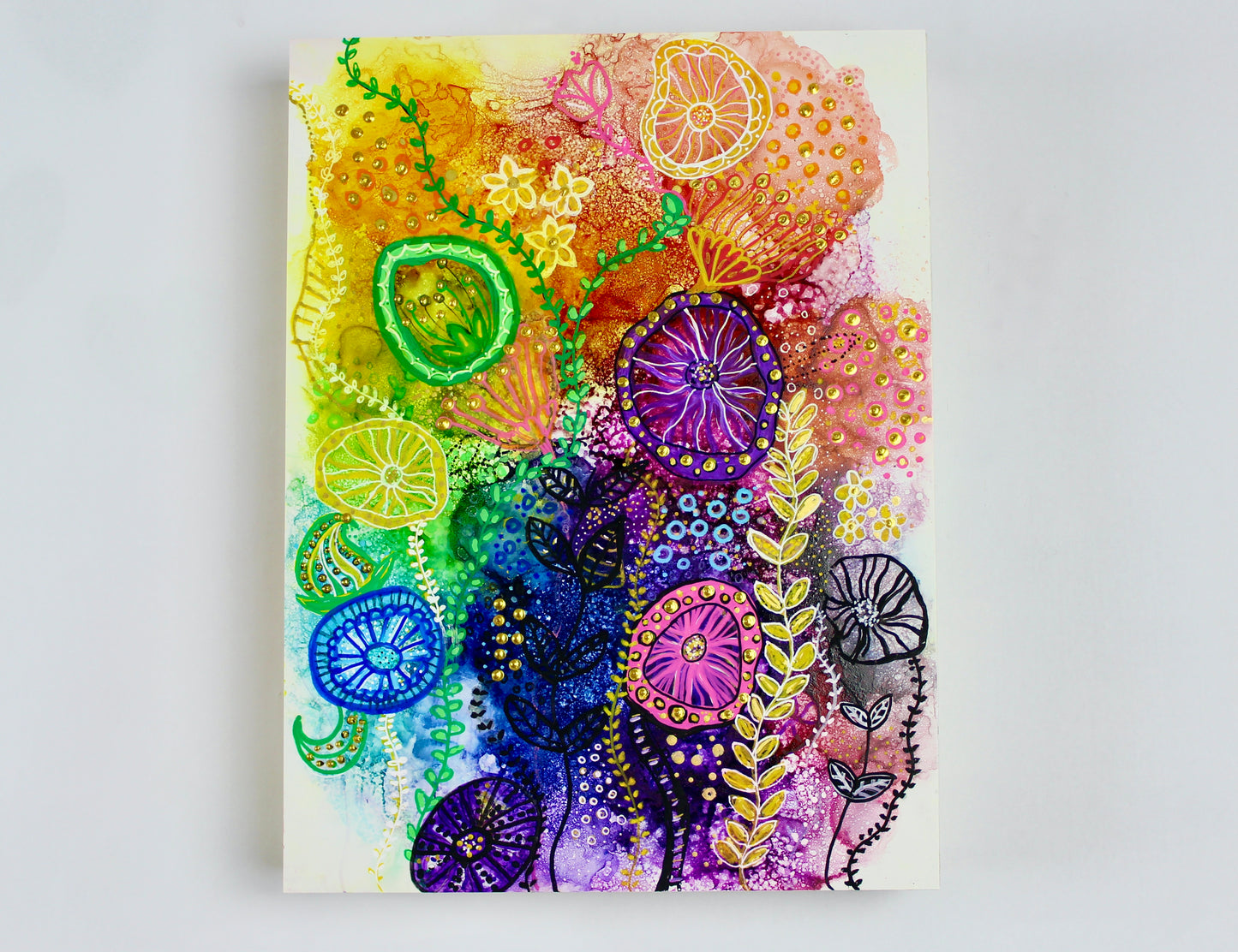 cat redmond art among the flowers | original floral-inspired artwork | hand-painted botanical abstract art | modern flower-themed wall composition | exclusive contemporary floral painting