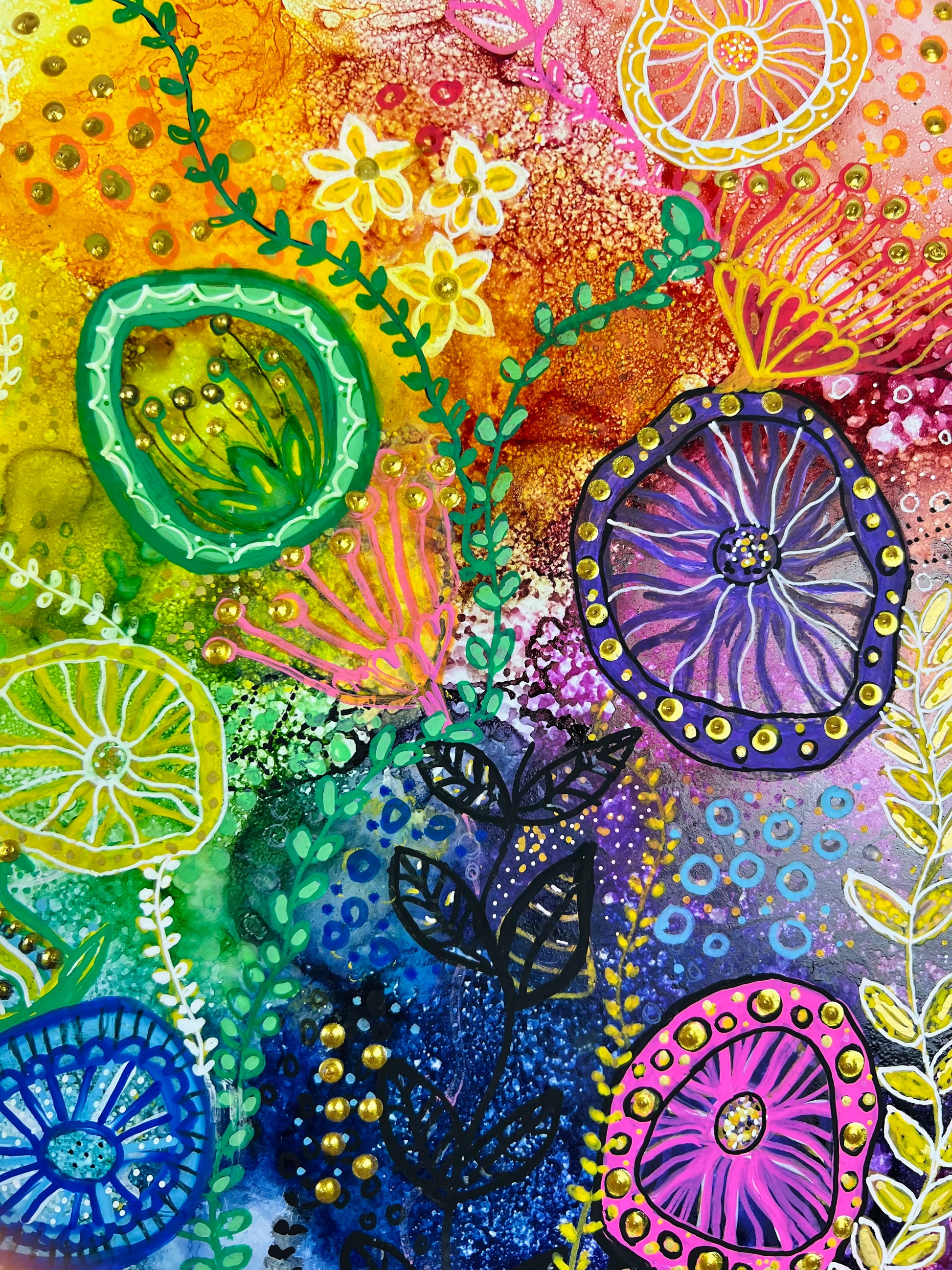 Cat Redmond Art Among the Flowers | original floral-inspired artwork | hand-painted botanical abstract art | modern flower-themed wall composition | exclusive contemporary floral painting