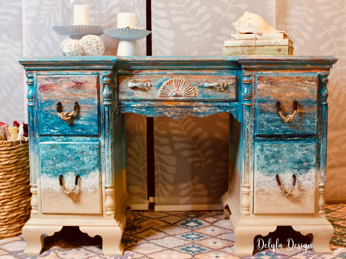 cat redmond art – coastal ocean vanity/desk | original beach-inspired painted furniture | modern coastal aesthetic desk | hand-painted ocean-themed statement piece
