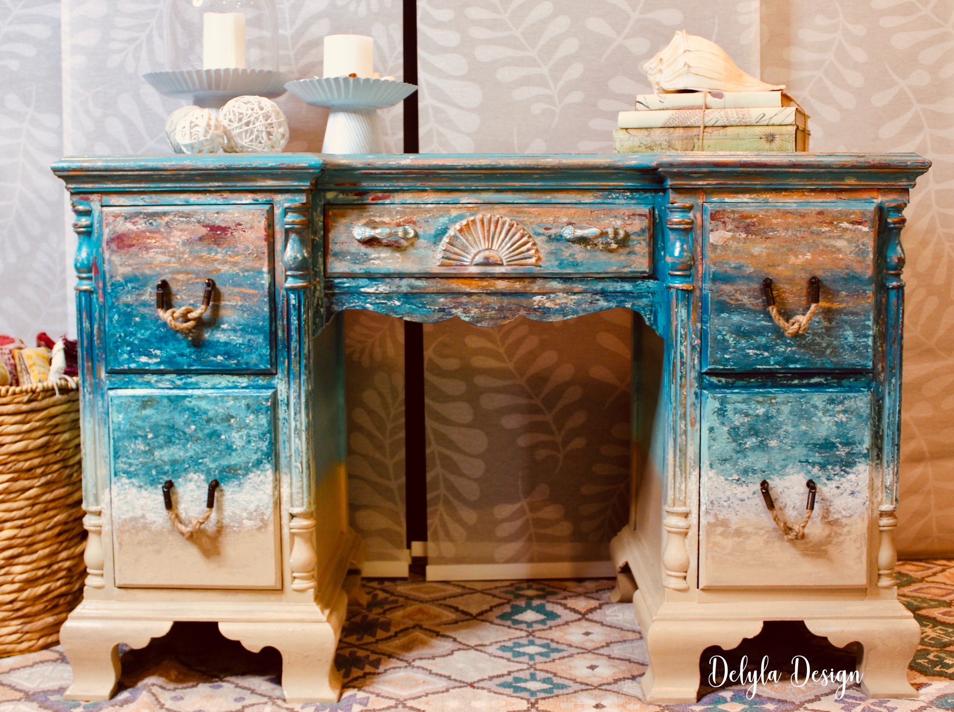 Cat Redmond Art – Coastal Ocean Vanity/Desk | original beach-inspired painted furniture | modern coastal aesthetic desk | hand-painted ocean-themed statement piece