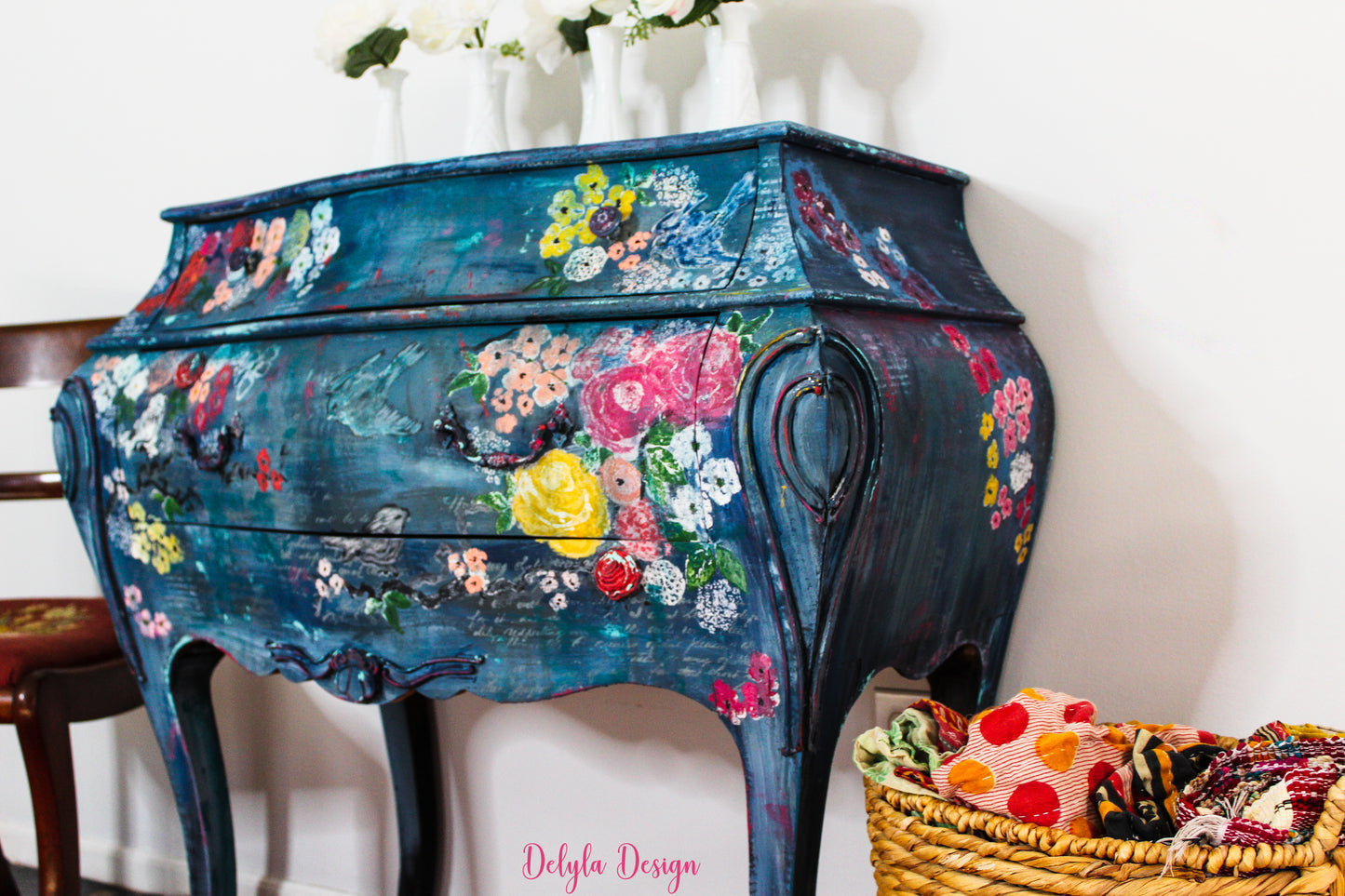 cat redmond art french floral hand-painted cabinet | original decorative french-style furniture | hand-painted floral armoire | modern elegant storage piece