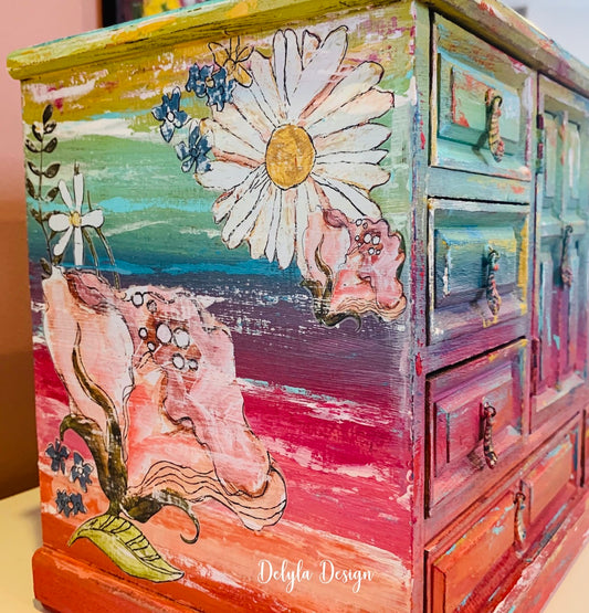 Cat Redmond Art – Vintage Multi-Colored Boho Jewelry Box | original decorative boho-inspired box | hand-painted stylish colorful jewelry organizer | modern artistic statement keepsake